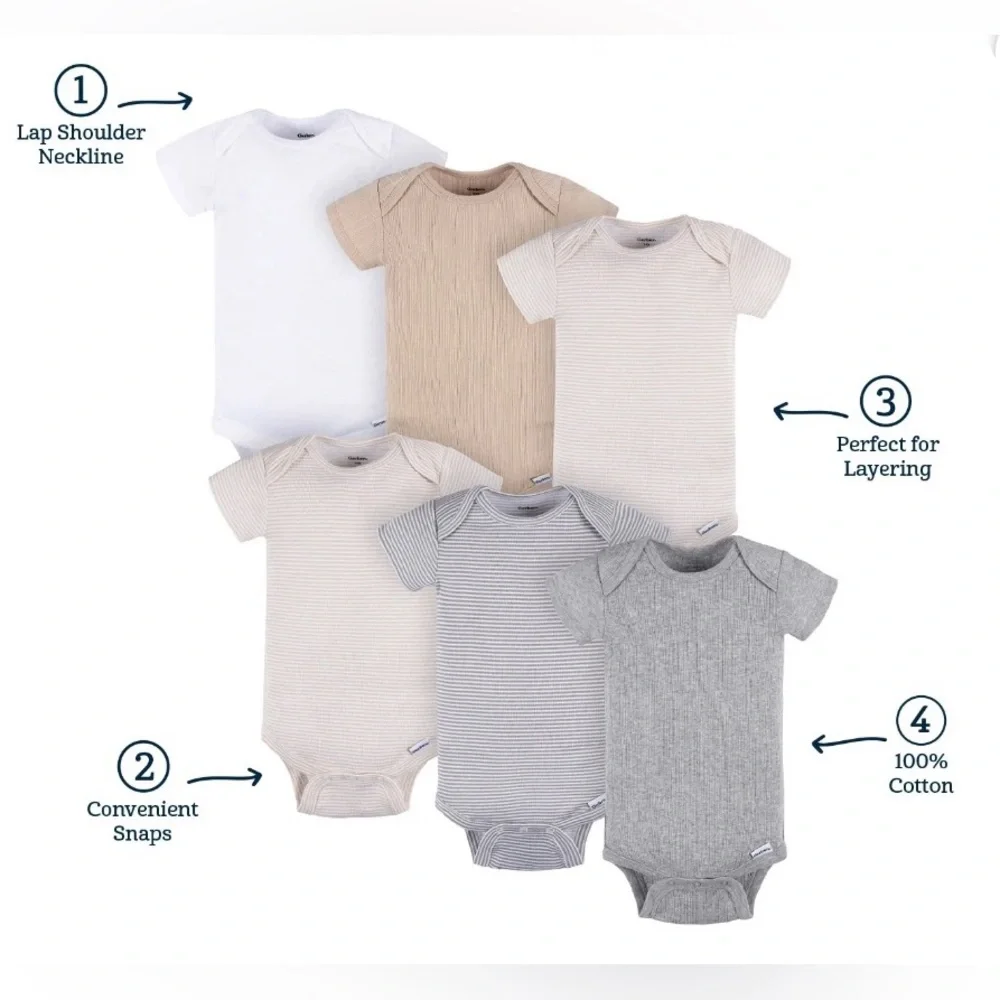 Gerber Baby Neutral 6-Pack Short Sleeve Snap Bottom Bodysuits Brand New